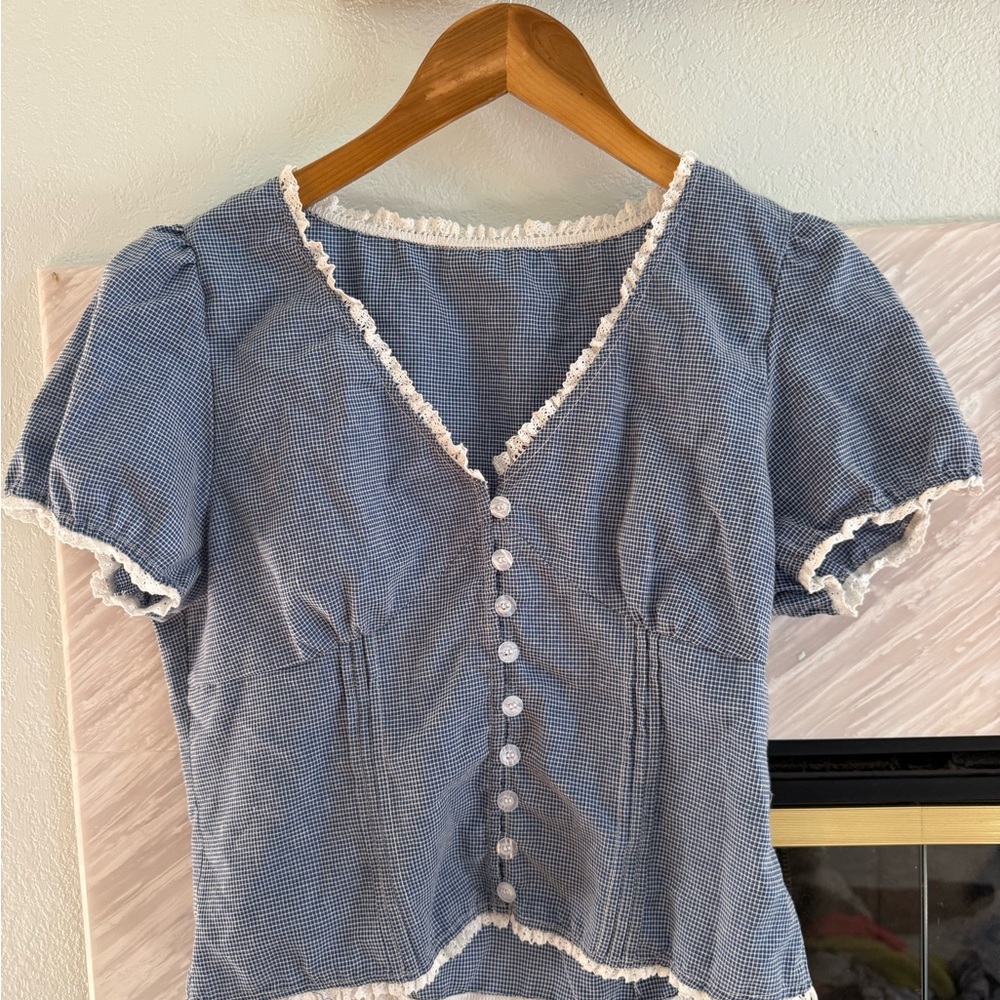 Blue Gingham Button-Up Top